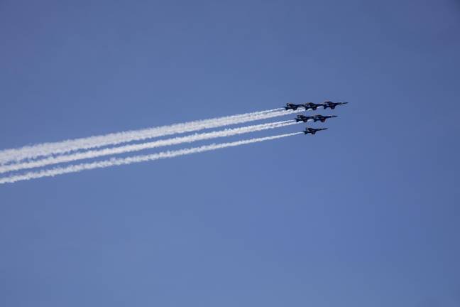 The Blue Angels flying over the Hudson River in tight formation.