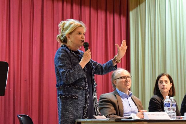 U.S. Rep. Carolyn Maloney speaks to constituents April 13 at the Anna Silver School on the Lower East Side. Photo: Michael Garofalo