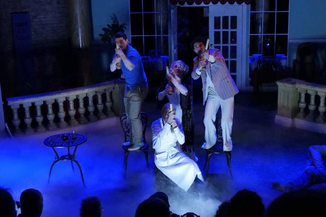 From left to right: Brian Vincent as Finchatton, John Barilla as The Waiter, Christine Weiss as Miss Frobisher and Daniel Yaiullo as Georgie Frobisher in the final scene of <i>The Croquet Player </i>at Theater for the New City.
