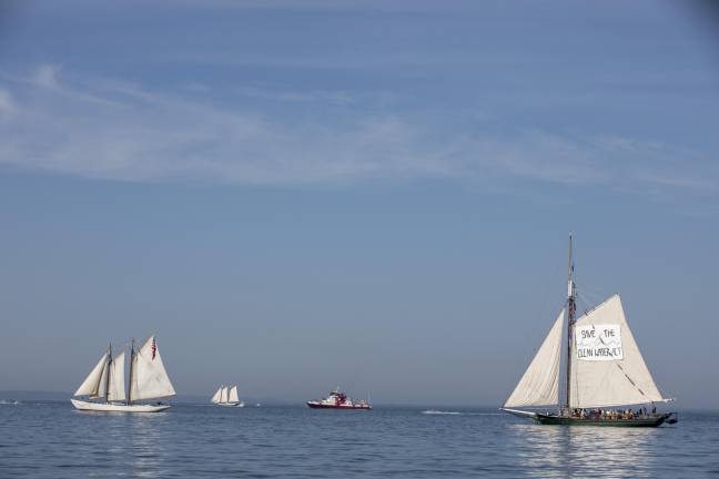 The Clearwater, and other sailboats on the Hudson River getting ready for a day of celebrations marking the nation’s 250th anniversary.