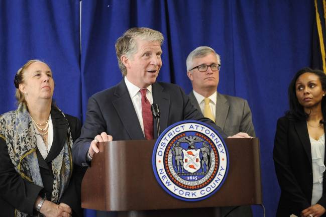 Manhattan District Attorney Cyrus Vance Jr. announcing the "Clean Slate" event at a press conference this week. Manhattan Borough President Gale Brewer is at left. Assembly Member Brian Kavanagh and Judge Tamiko Amaker are at right. Photo: Manhattan District Attorney's Office.
