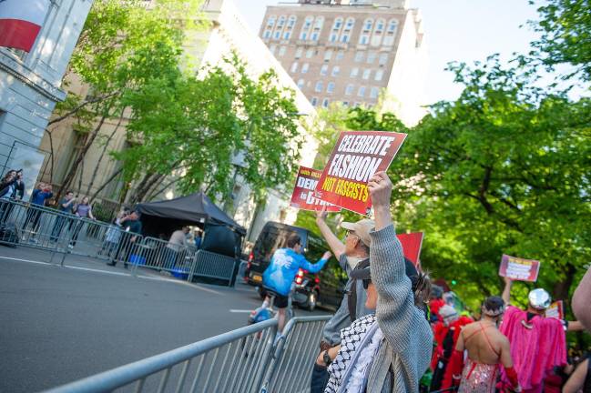 Protesters gather across the street from the Metropoliant Museum of Art to protest the involvment of Amazon founder Jeff Bezos as a sponsor. Amazon union founder Chris Smalls was arrested.