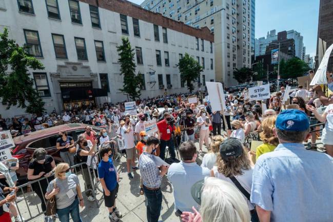 New York Blood Center protest, Sunday, May 23, 2021, on the Upper East Side. Photo: Diane Bondareff