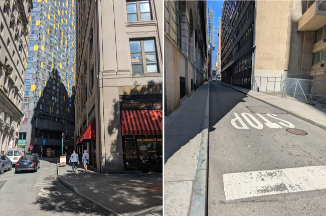 Left: Looking up William Street from Pearl Street. Right: Looking west up Ann Street from Gold Street.