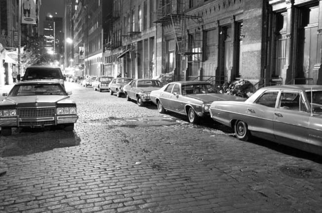 A street in lower Manhattan, recently made to look like the 1970s, for an HBO film. Photo by Phil Roeder, via flickr