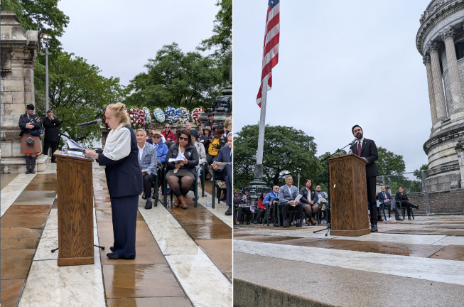 Gale Brewer and Zohran Mamdani making their Memorial Day addresses at Soldiers and Sailors Monument.