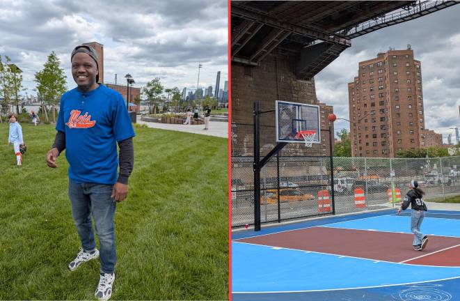 Left: Our Lady of Sorrows’ Mets Little League coach. Right: Woman shooting baskets next to the highway.