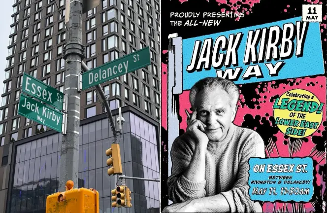 Jack Kirby Way street naming after and the flyer with the artist announcing it before.