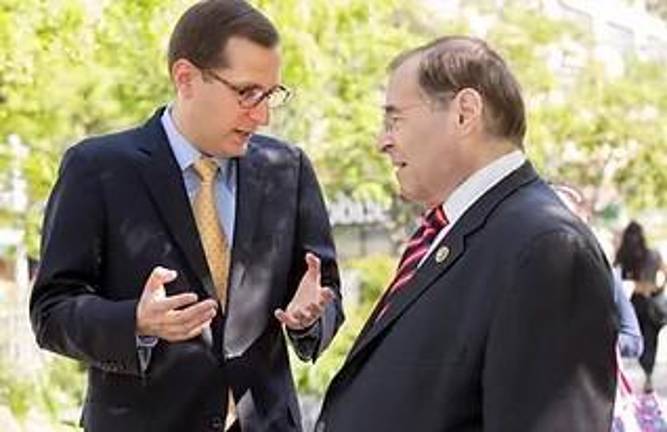 Congressman Jerry Nadler (right) who is retiring at the end of his term, wants Assembly member Micah Lasher, a former aid, to succeed him in New York’s 12 Congressional district. The latest poll says Lasher is in second place in a race that is too close to call.