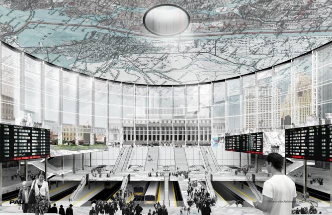 Vishaan Chakrabarti’s plan, sheathing the Garden structure in glass, brings a light-filled alternative to Penn Station, framing the Moynihan Train Hall across Eighth Avenue. Visitors and commuters could soon forget the rabbit warren that is the existing Penn Station. Rendering by Vishaan Chakrabarti/PAU Studios