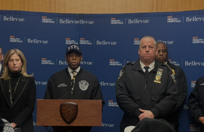 Mayor Eric Adams (center) and Police Commissioner Jessica Tisch (left) at Bellevue to provide an update on an NYPD detective Terry Avent who was shot while trying to execute a search warrant in a NYCH Project on the Lower East Side. The suspect, who was wounded in a shootout, was arrested.