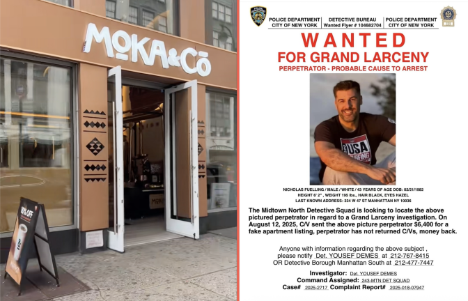 Left: Entrance to 142 W. 34th St., Moka &amp; Co. Right: Nicholas Fuelling, wanted for apartment rent deposit scam.