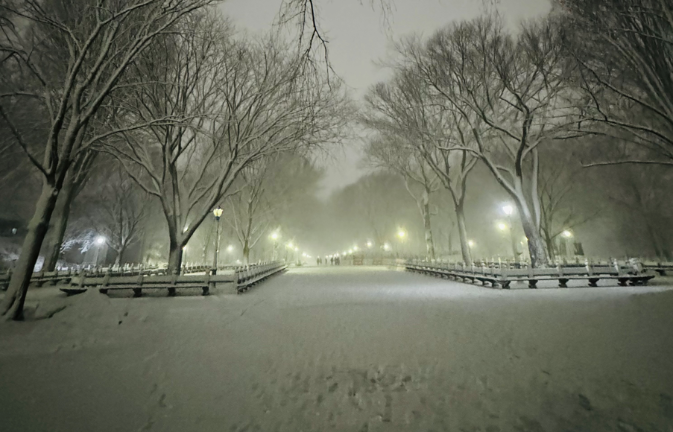 Central Park is deserted as the blizzard gathers strength on the evening of Feb. 22.