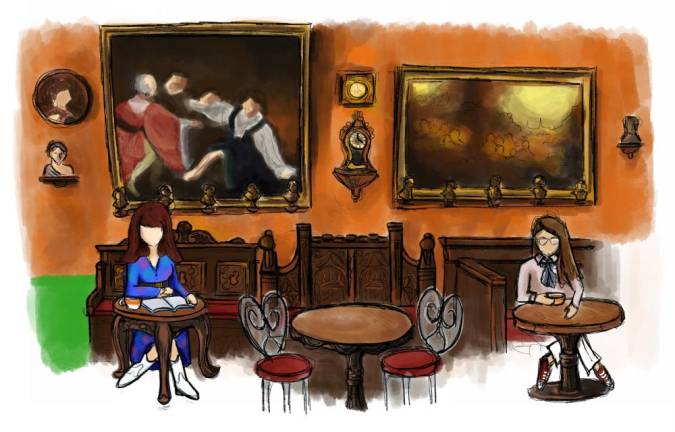 Illustration by Maria Krasinski of art inside Café Reggio.