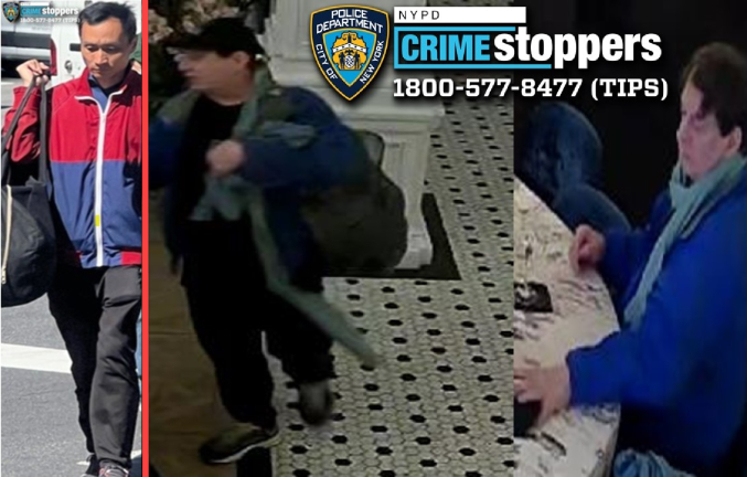 Left: wanted for assault in Hell’s Kitchen; center and right: wanted for assault in the Algonquin Hotel.