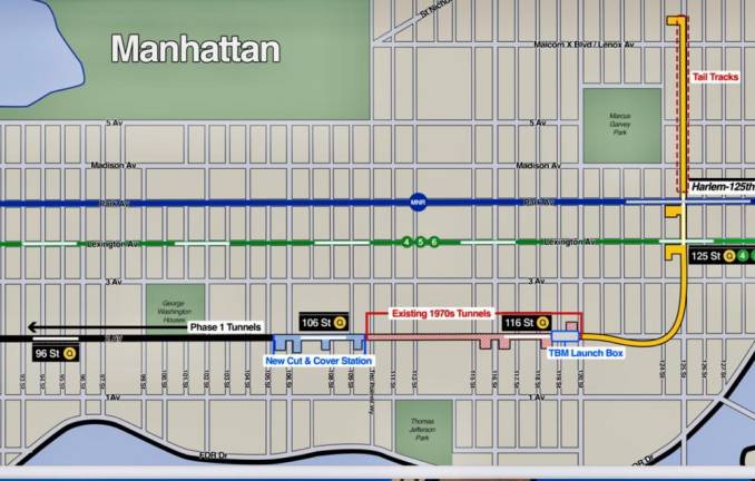 Phase 2 of the Second Avenue Subway is underway the start of a ten year construction project. The red dotted line shows for the hoped for extension of the Q line west to W. 125th St. at some point although that section is not yet budgeted. Photo: MTA