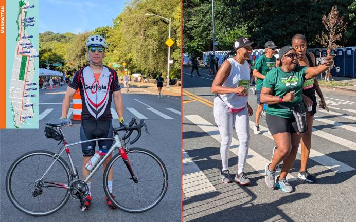 Left: A reporter at Summer Streets in Inwood. Right: runners near the finish of the Percy Sutton 5K.