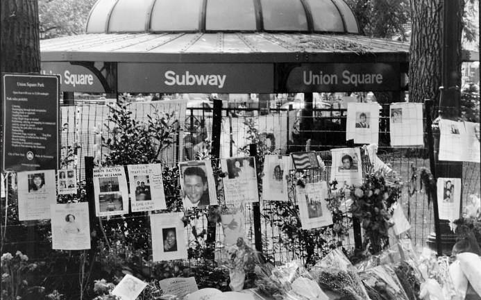 Missing photos on a fence at Union Square in the days after 9-11.