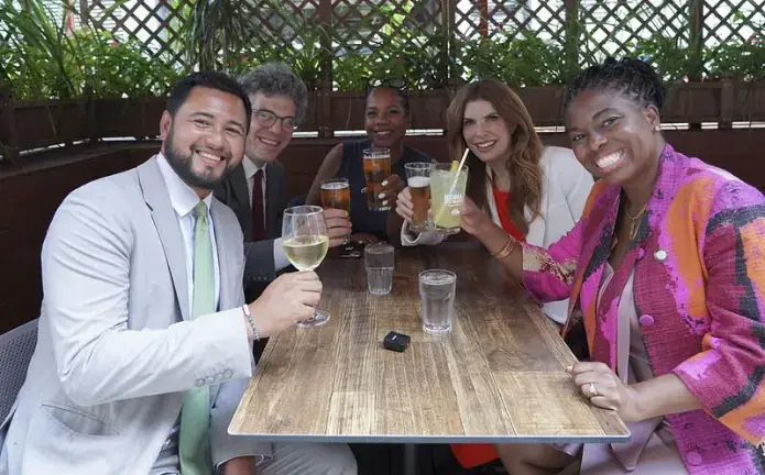 City Council Members celebrated the passage of their now-enacted outdoor dining bill last month. Pictured above: Justin Sanchez, Lincoln Restler, Kamillah Hanks, Julie Menin, and Shanel Thomas-Henry.