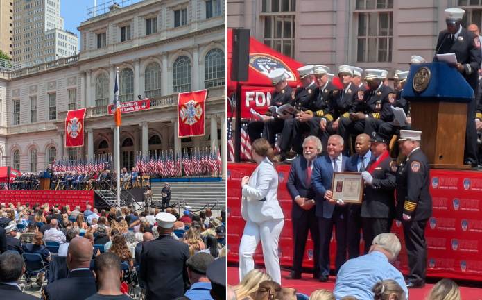 FDNY Medal Day 2025. Firefighter Michael D. Kotzo, Ladder Company 28, receiving the Chief of Department Peter J. Ganci Medal. First Deputy Mayor Randy Mastro (left), FDNY Commissioner Robert S. Tucker (second from left), and Mayor Adams also present.