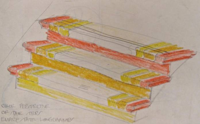 1938 Winold Reiss Studios design drawing, “Color perspective of stair steps, Empire State Longchamps.” Courtesy of the Reiss Archives