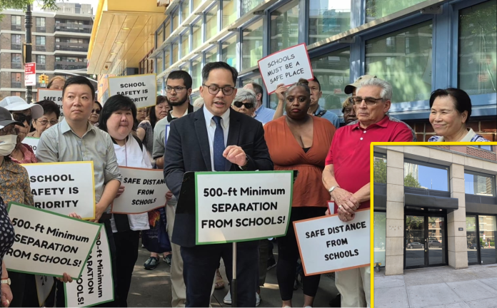 Eric Yu leads a rally against a proposed 320 Pearl St. homeless shelter, seen in inset.