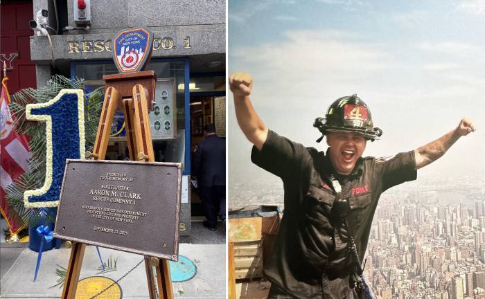 Firefighter Aaron M. Clark memorial plaque; Clark atop a building as member of Ladder 4.