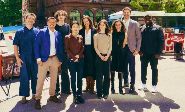 Artists and Village Alliance representatives gathered at Astor Place for the May 7<sup>th </sup>art dedication. (l to r): Nick Pietrinferno, Urban Design + Engagement Associate, Scott Hobbs, Executive Director, art competition winner Ari Barash, finalist Lindsay Liang, finalist Phoebe Jamieson, finalist Gigi Borgese, Elizabeth Horkely, Marketing + Partnerships Manager, Taylor Young, Deputy Director, Calvin Beatty, Field Operations Manager.
