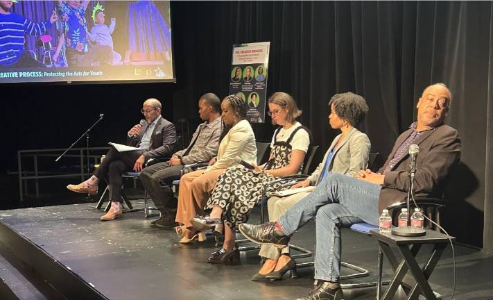 Panelists gathered during National Arts in Education Week and called for protecting art at all costs. They are (from left) S. Brian Jones; Tyrik Iman-Washington Jr.; Shadae McDaniel; Kimberly Olsen; Audrey St. Clair; and Rich Souto, moderator and executive director of Learning through an Expanded Arts Program (LEAP).