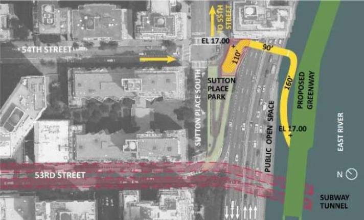 A&#xa0;rendering the proposed esplanade access bridge at East 54th Street, which would occupy a portion of Sutton Place Park South and is opposed by some neighbors. Image: NYC EDC