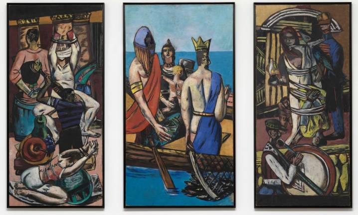 Max Beckmann (German, Leipzig 1884&#x2013;1950 New York). &#x201c;Departure,&#x201d; 1932, 1933-35. Oil on canvas. Central panel: 84 3/4 &#xd7; 45 3/8 in. Left Panel: 84 3/4 &#xd7; 39 1/4 in. Right Panel: 84 3/4 &#xd7; 39 1/4 in. The Museum of Modern Art, New York. Given anonymously (by exchange), 1942. &#xa9; 2016 Artists Rights Society (ARS), New York / VG Bild-Kunst, Bonn