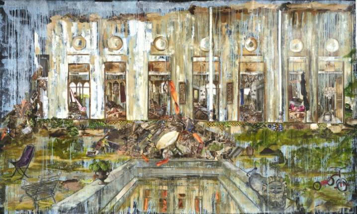 Parinaz Eleish Gharagozlou, “Dead Calm (Amnesia Series),” 2021, Acrylic paint, oil paint, oil pen, pencil, paper, collage on canvas, 72.25” x 118.50”, Courtesy Leila Heller Gallery