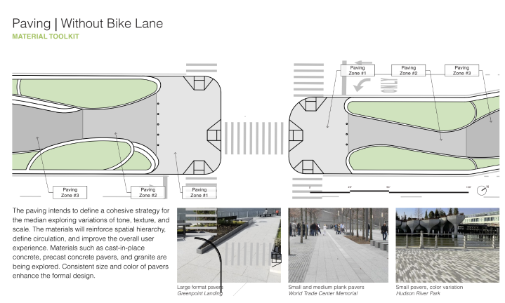The design team explained how the bike lane decision will influence other planning and construction plans, including paving (this slide depicts paving plans assuming no bike lane).