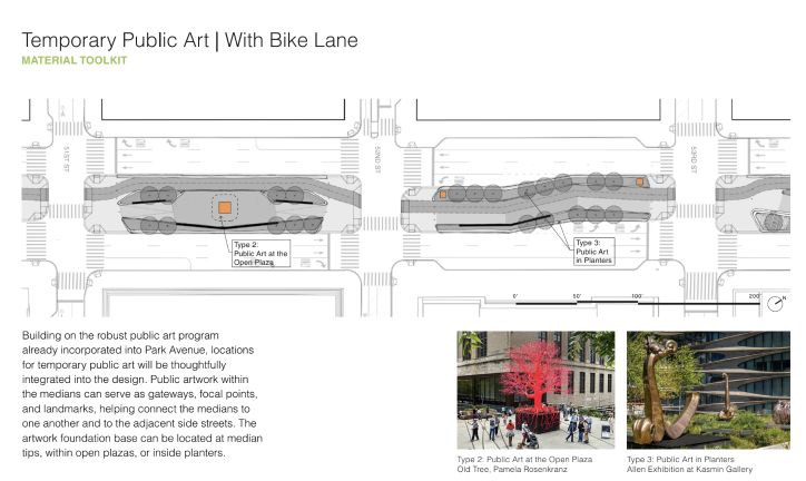 The design team explained how the bike lane decision will influence other planning and construction plans, including public art (this slide depicts plans assuming there is a bike lane).