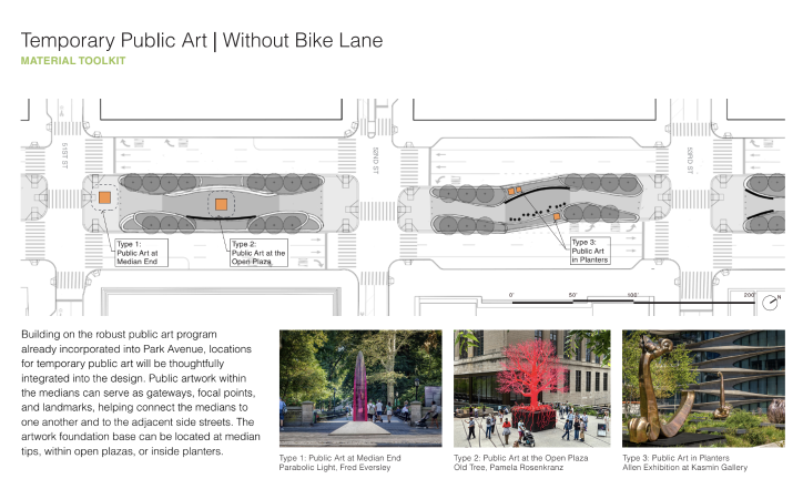 The design team explained how the bike lane decision will influence other planning and construction plans, including public art (this slide depicts plans assuming no bike lane).