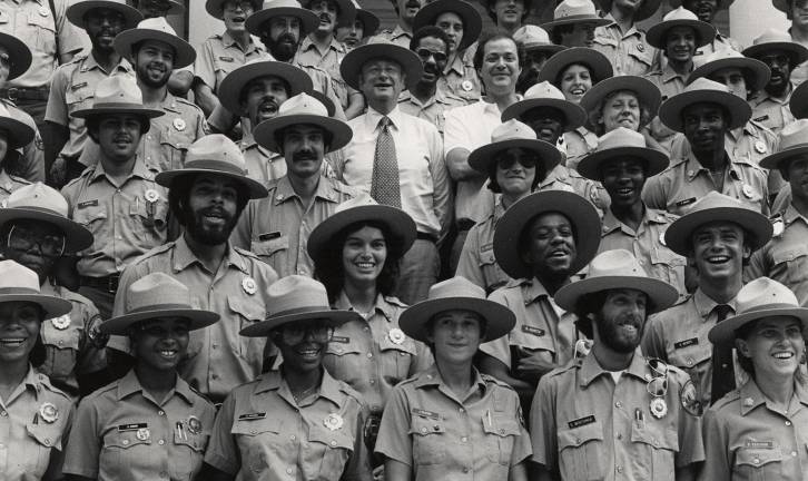 Mayor Koch in center with tie poses with first class of Urban Park Rangers in 1979.