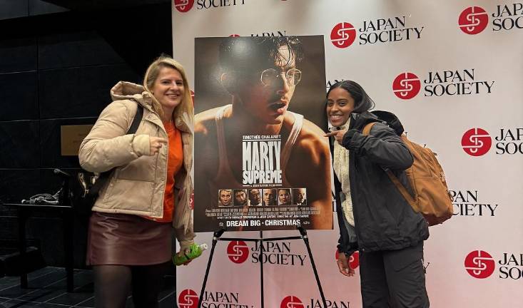 Aga Malurszcak and Yasirus Ortiz attend a “Marty Supreme” movie screening at the Japan Society