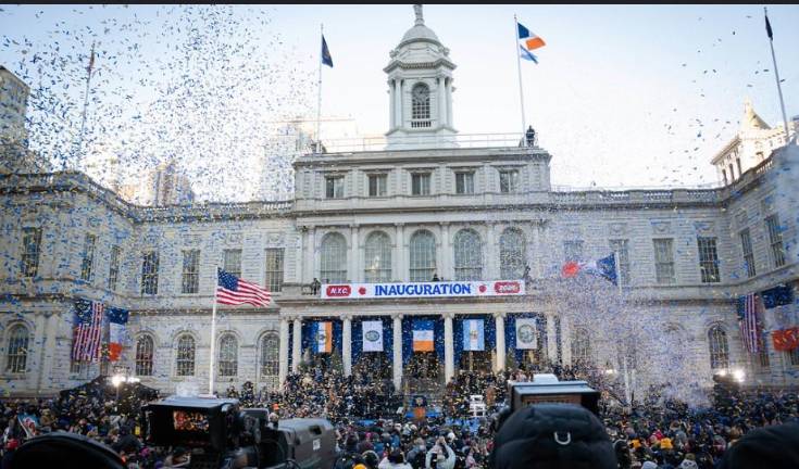 Tens of Thousands turned out in the bitter cold for the public swearing in ceremony of Zohran Mandami delivered from the steps of City Hall on Jan. 1. Spectators crowded into the Canyon of Heroes on lower Broadway.