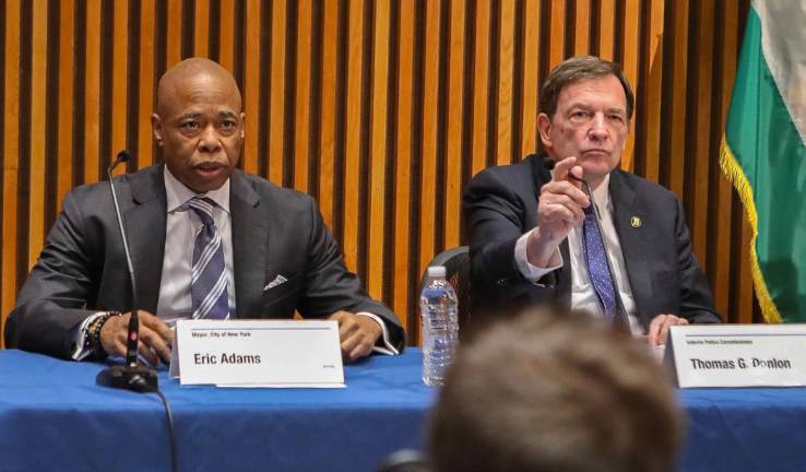 NYPD Commissioner Thomas Donlon (right) attends a press conference at One Police Plaza alongside Mayor Eric Adams, Oct. 9, 2024.