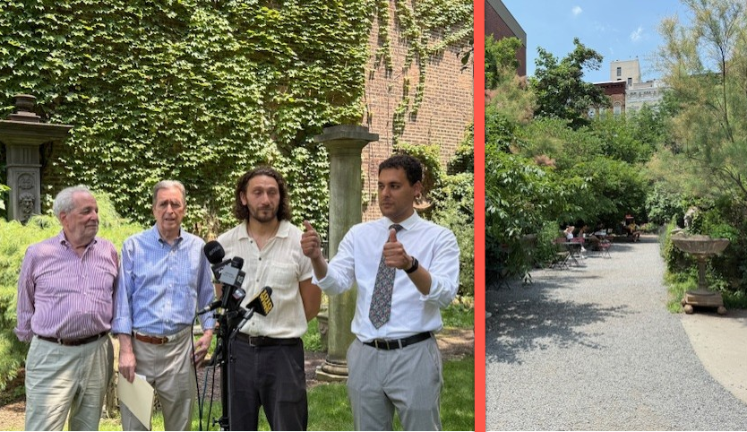 At the press conference June 23 where the stunning news that after years of battling the city, the Elizabeth Street Garden was announced. (left to right): Norman Siegel, Steven Hyman, Joseph Reiver, Christopher Marte.
