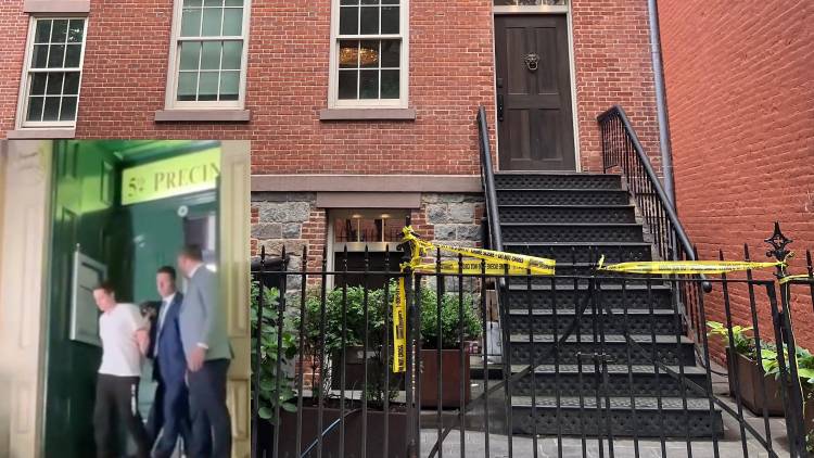 The Prince Street condo building where John Woeltz (seen being escorted from building in lower left) allegedly torturend an Italian man to try to gain access to his crypto password.