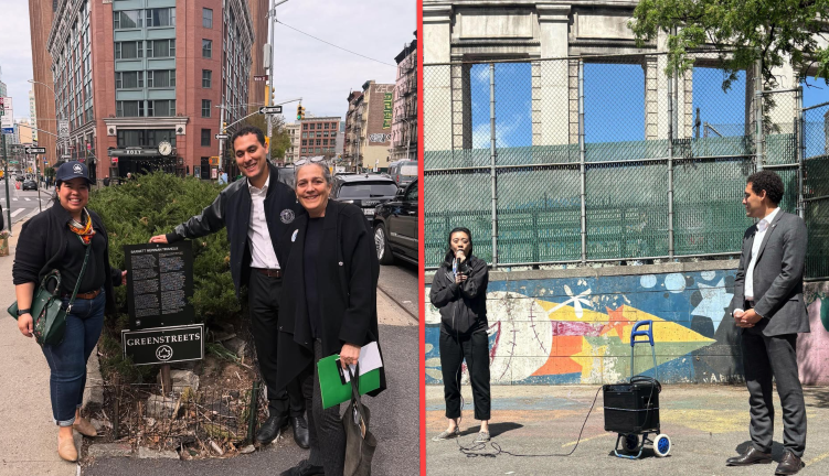Left: Council Member Marte with Tricia Shimamura, Manhattan Borough Commissioner NYC Parks, and Alice Blank. Right: with PS 124 principal, Yi Law Chan.