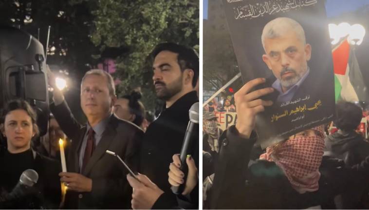 Mayor Mamdani, Brad Lander, Phylisa Wisdom at Union Square Oct. 7 vigil (left) Oct. 7 were taunted by pro-Palestinian and pro-Hamas protestors, one holding sign for Hamas leader Yahwa Sinwar.