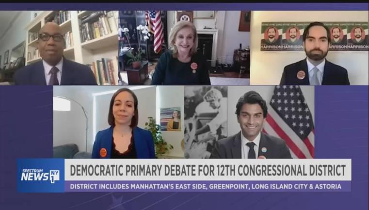 Last week all four candidates in the 12 Congressional District put out a joint statement calling on the BOE to accept ballots missing a postmark. Screenshot of NY1 primary debate with (clockwise from top left) moderator Errol Louis, Rep. Carolyn Maloney, Peter Harrison, Suraj Patel and Lauren Ashcraft.