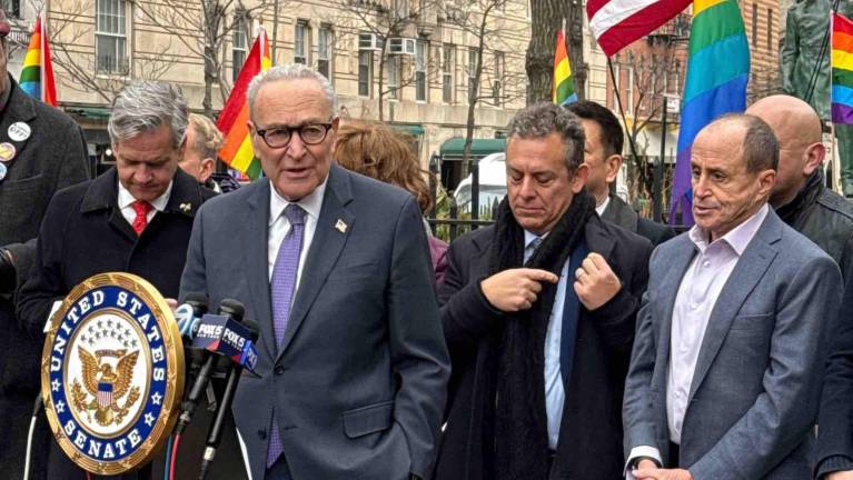 Chuck Schumer speaking at Stonewall National Monument press conference on Feb 15. 2026