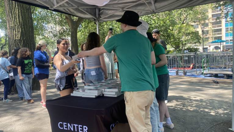 Young students came to Union Square Park to get a copy of Anne Frank’s Diary after visiting the exhibit