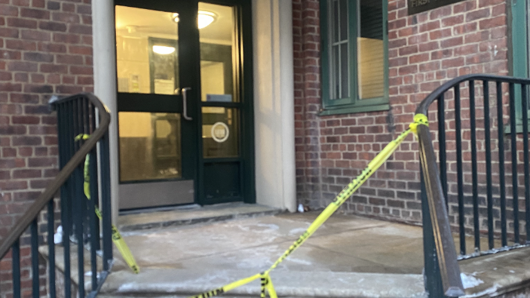 Yellow crime scene tape outside 300 First Ave. in Stuyvesant Town. Police said a 14-year-old girl was threatened by an unidentified male who stole her iPhone and ran off.