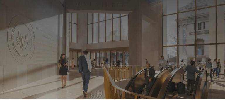 The presidential seal with Donald Trump’s name is featured prominently on a wall just inside the Grand Entrance proposed for the Eighth Ave. side of Pennsylvania Station.