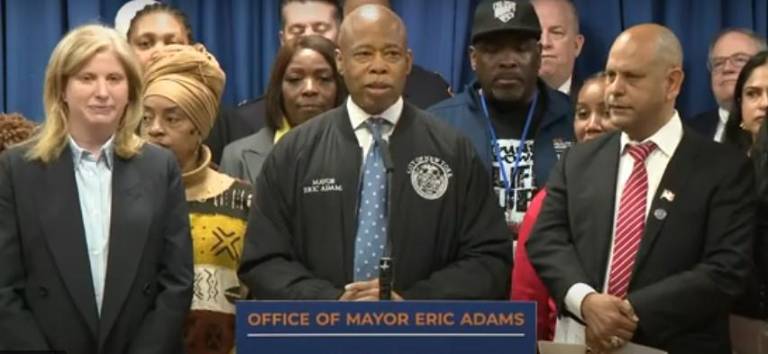 Mayor Eric Adams (at mic) was joined by NYPD Commissioner Jessica Tisch, left, earlier this year when he unveiled the police department’s new Quality of Life division, which was designed to crack down on e-bike violations and other non-violent crimes.
