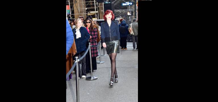 Karen Rempel on sidewalk runway outside Gotham Hall, New York Fashion Week.